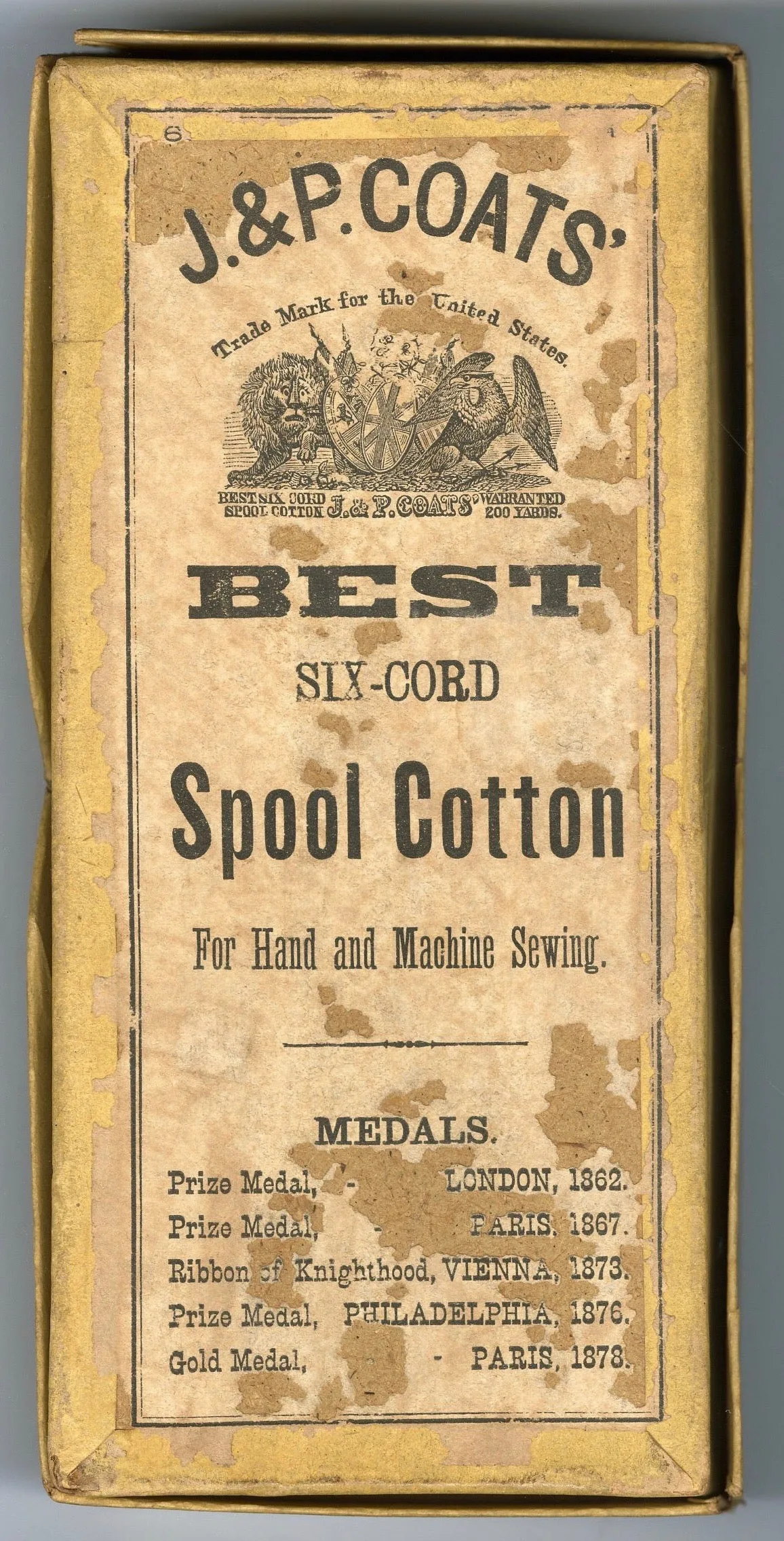 1880's Antique Victorian J.&P. COATS Spool Cotton Box, EMPTY, Vintage Notion