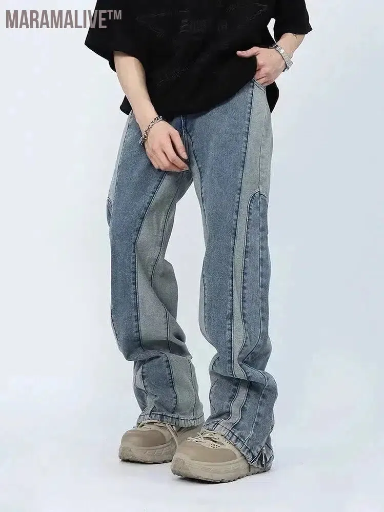 2024 Kanye Y2K Streetwear Washed Blue Baggy Stacked Jeans Pants For Men Clothing Ankle Zipper Straight Vintage Denim Trousers