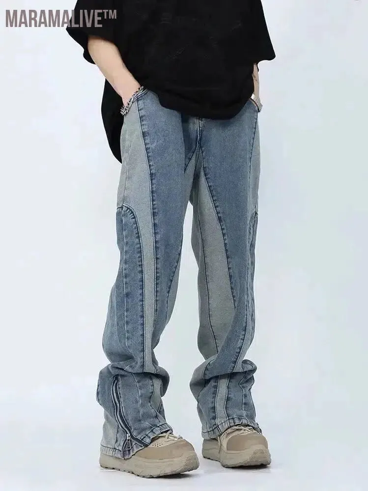 2024 Kanye Y2K Streetwear Washed Blue Baggy Stacked Jeans Pants For Men Clothing Ankle Zipper Straight Vintage Denim Trousers