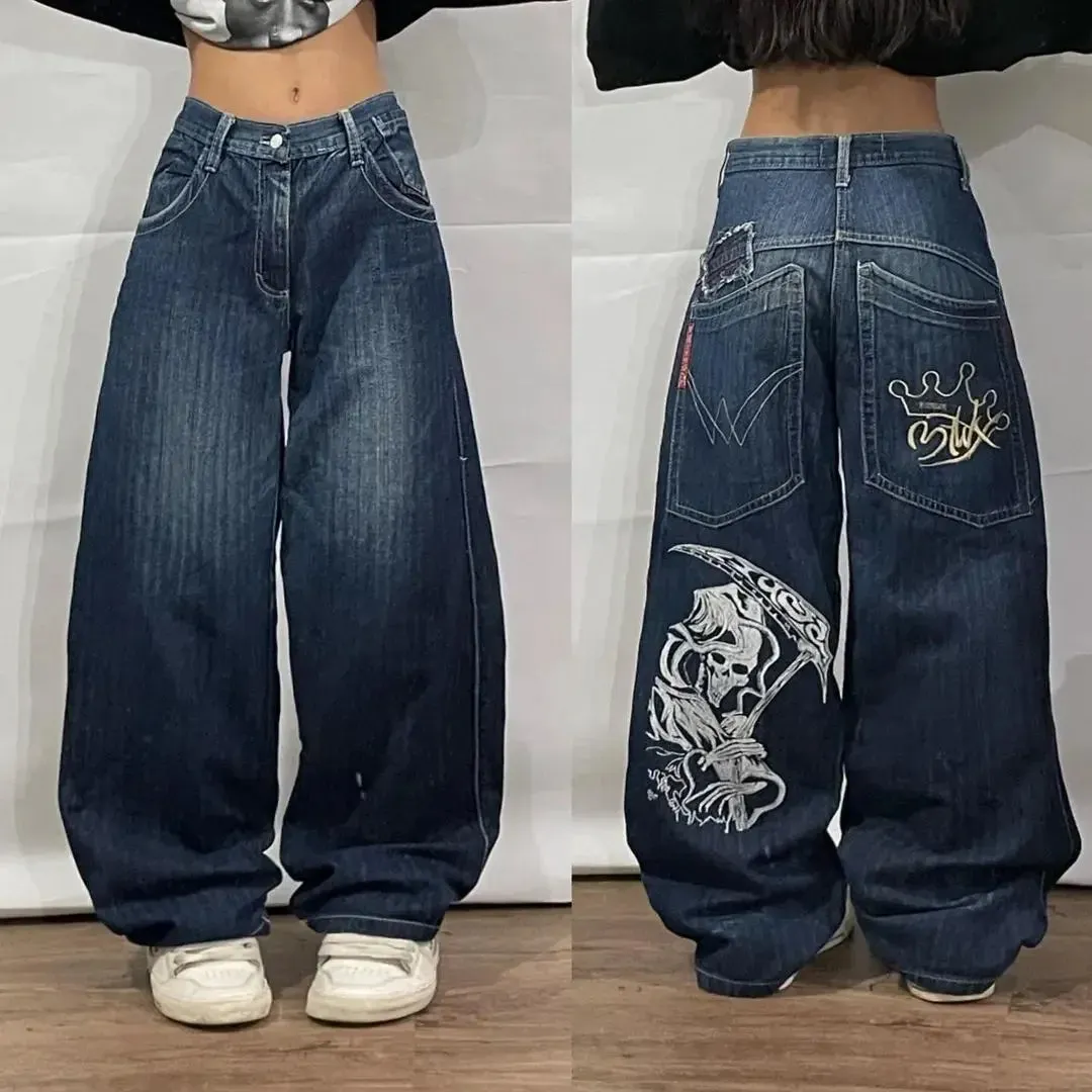 Advbridge Korean Fashion Baggy Jeans Y2K Hip Hop Punk Big Pocket Classic Death Print Vintage High Waist Denim Pants Baggy Jeans Women Hot