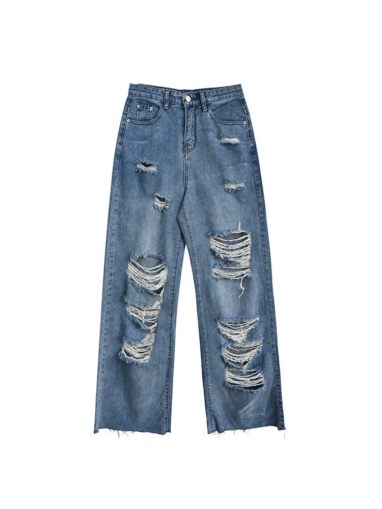 Advbridge Men's American Vintage Distressed Jeans High Street Straight Tube Loose Fitting Pants Ripped Denim Trendy Y2k