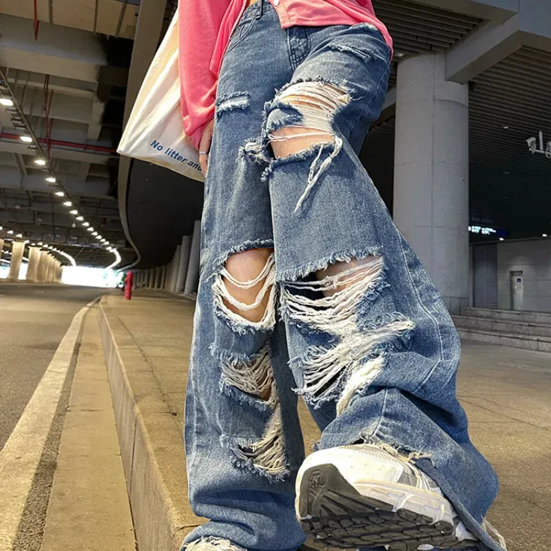 Advbridge Men's American Vintage Distressed Jeans High Street Straight Tube Loose Fitting Pants Ripped Denim Trendy Y2k