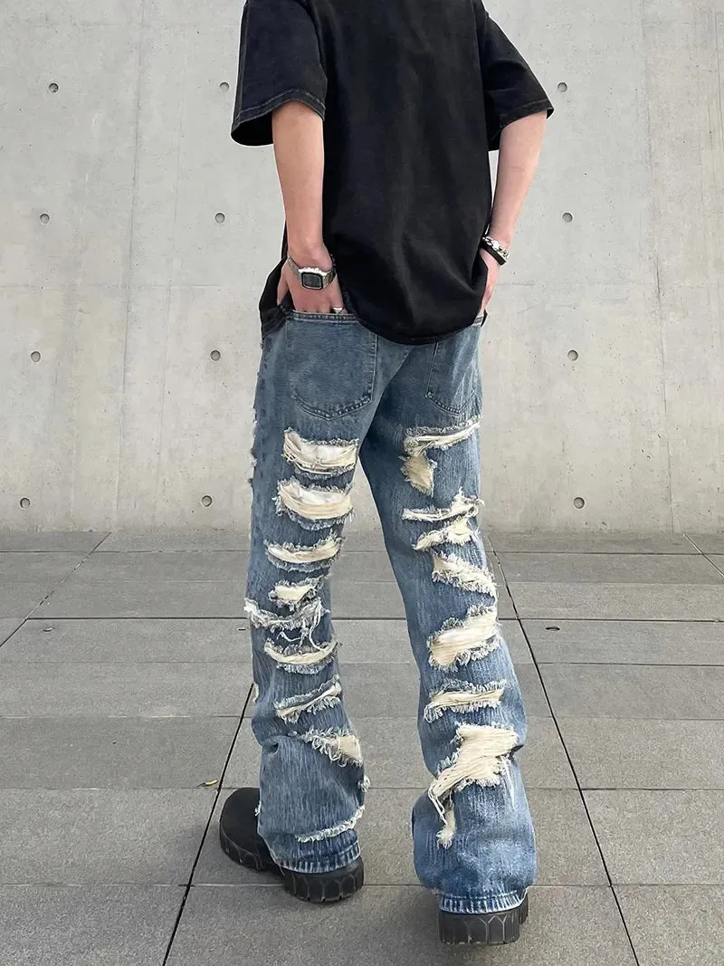 Advbridge Men's American Vintage Distressed Jeans High Street Straight Tube Loose Fitting Pants Ripped Denim Trendy Y2k