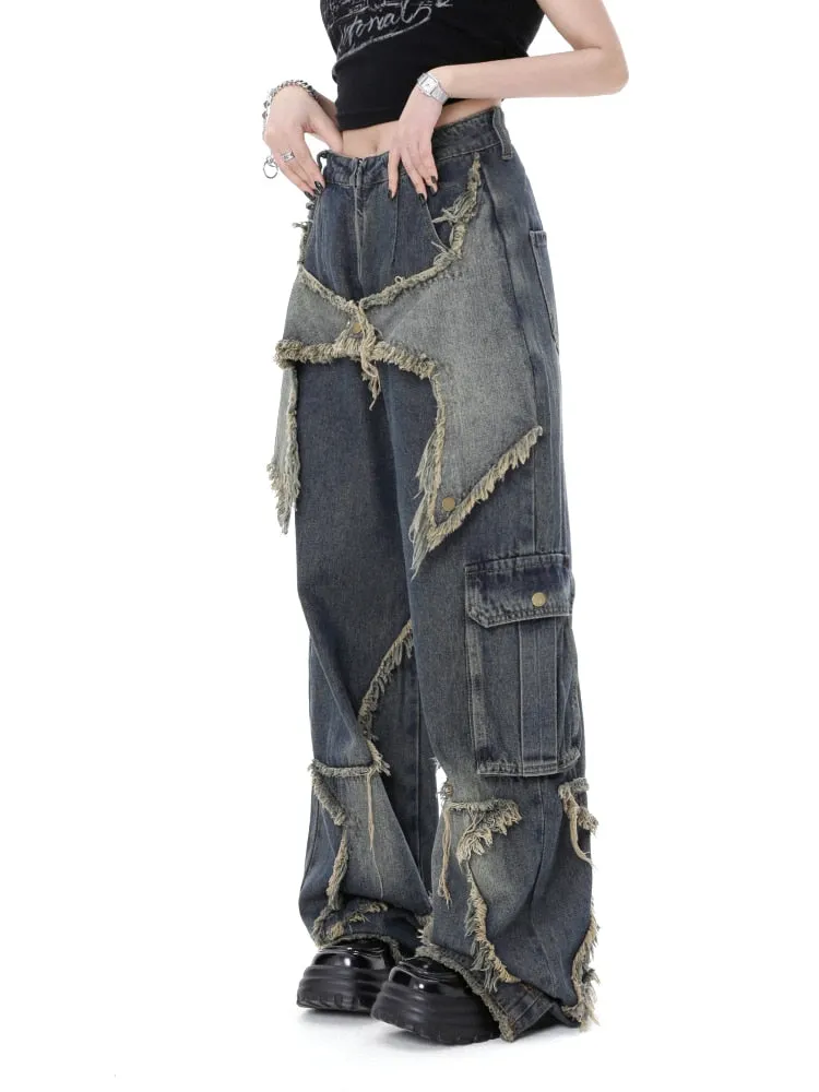 American Style Retro High Street Jeans Women Summer Loose Wide Leg Pants Trendy Punk Casual Baggy Star Tassel Trousers Y2K