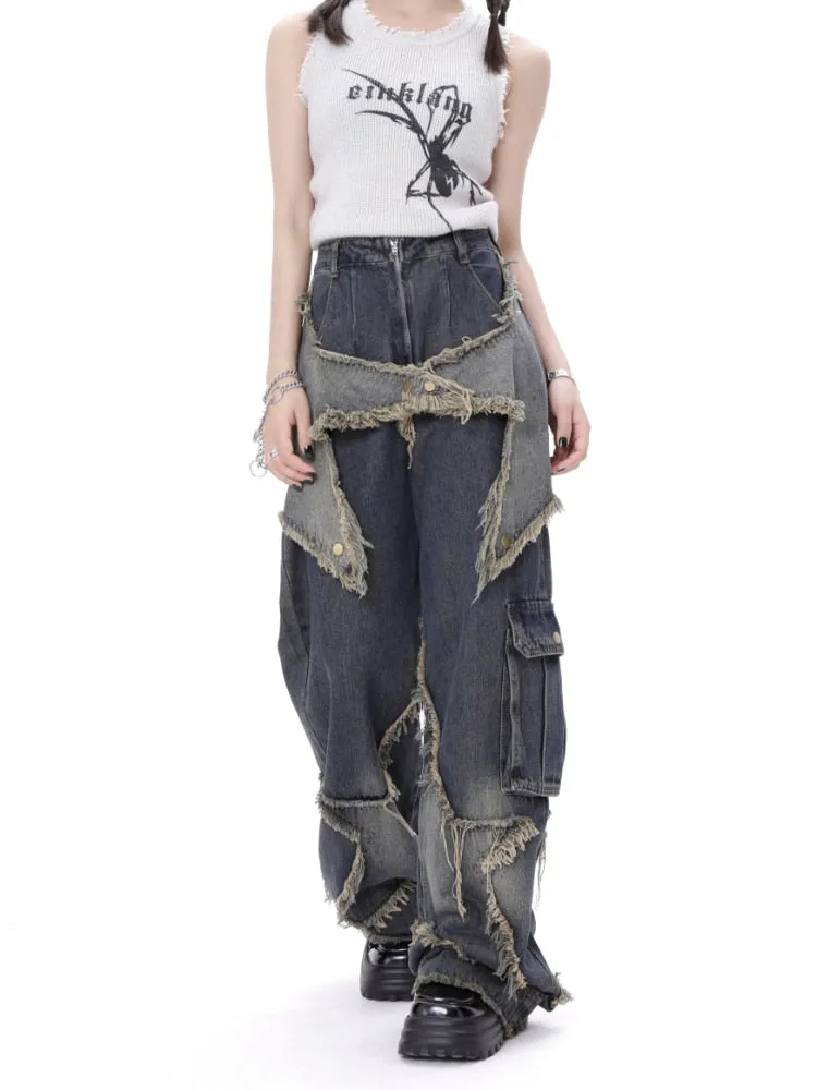 American Style Retro High Street Jeans Women Summer Loose Wide Leg Pants Trendy Punk Casual Baggy Star Tassel Trousers Y2K