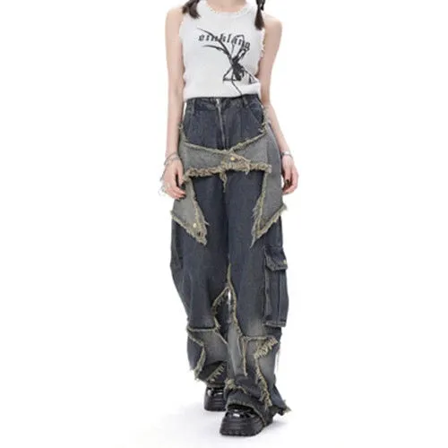 American Style Retro High Street Jeans Women Summer Loose Wide Leg Pants Trendy Punk Casual Baggy Star Tassel Trousers Y2K