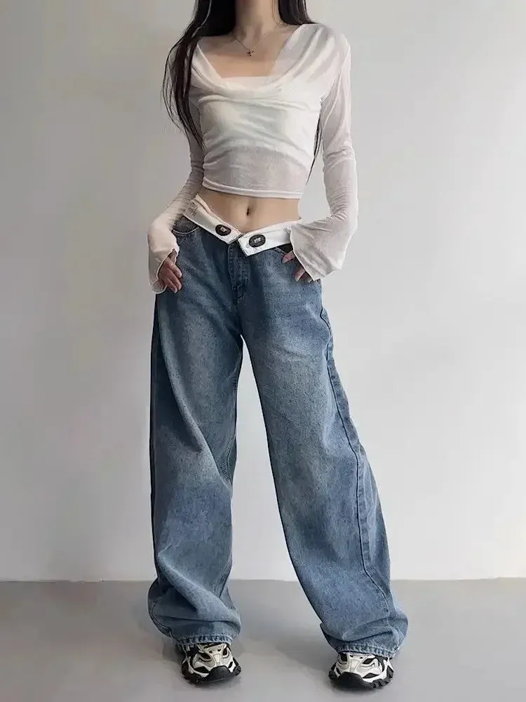 Amozae-Fall Outfits Streetwear y2k 90s Fashion Gothic  Vintage Y2k Jeans Women Baggy Kpop Gyaru Streetwear Wide Blue Denim Pants Harajuku Korean Acubi Fashion High Waist Jeans