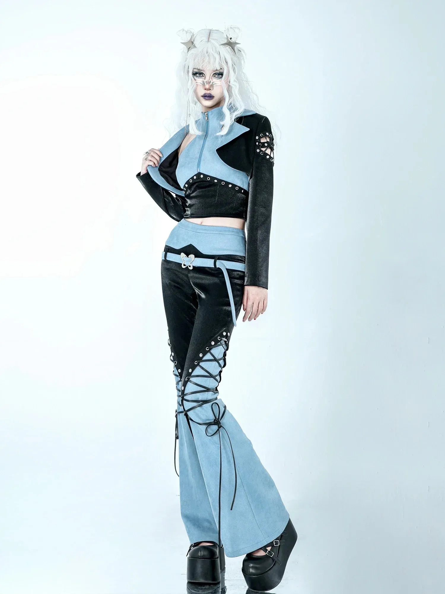 Amozae-New Spring Autumn Streetwear Harajuku Punk Gothic Hot Girl Black Blue Bandage Stitching Denim Pants Fashion High Waist Slim Pant