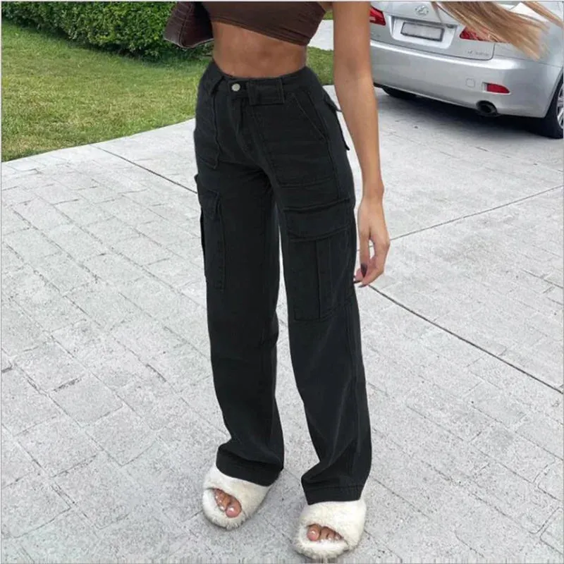 Amozae-Women Wide Leg Baggy Brown Jeans Lady Vintage Y2K Punk High Waist Loose Denim Cargo Pants Streetwear Pockets Oversized Trousers