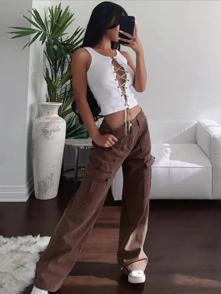 Amozae-Women Wide Leg Baggy Brown Jeans Lady Vintage Y2K Punk High Waist Loose Denim Cargo Pants Streetwear Pockets Oversized Trousers