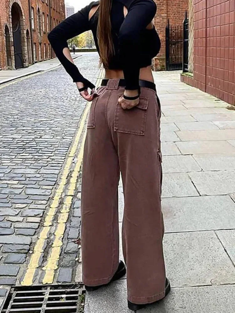 Amozae-Women Wide Leg Baggy Brown Jeans Lady Vintage Y2K Punk High Waist Loose Denim Cargo Pants Streetwear Pockets Oversized Trousers