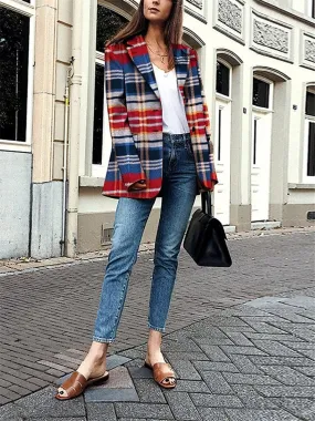 Autumn and winter fashion lapel checked print coat