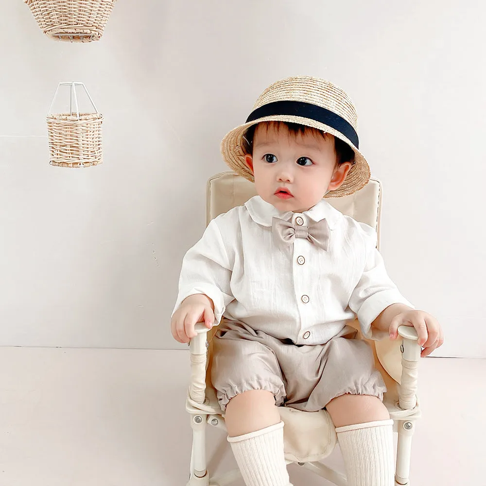 Baby Boy Autumn Clothes Suit 0-3 Years Old Baby Solid Color Long-sleeved Shirt Shorts Two-piece Set One Year Old Celebration Dress