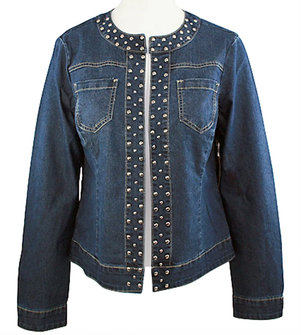 Baccini Collarless, Button-less, Dual Pocket Lightweight Denim Jacket Metal Studs