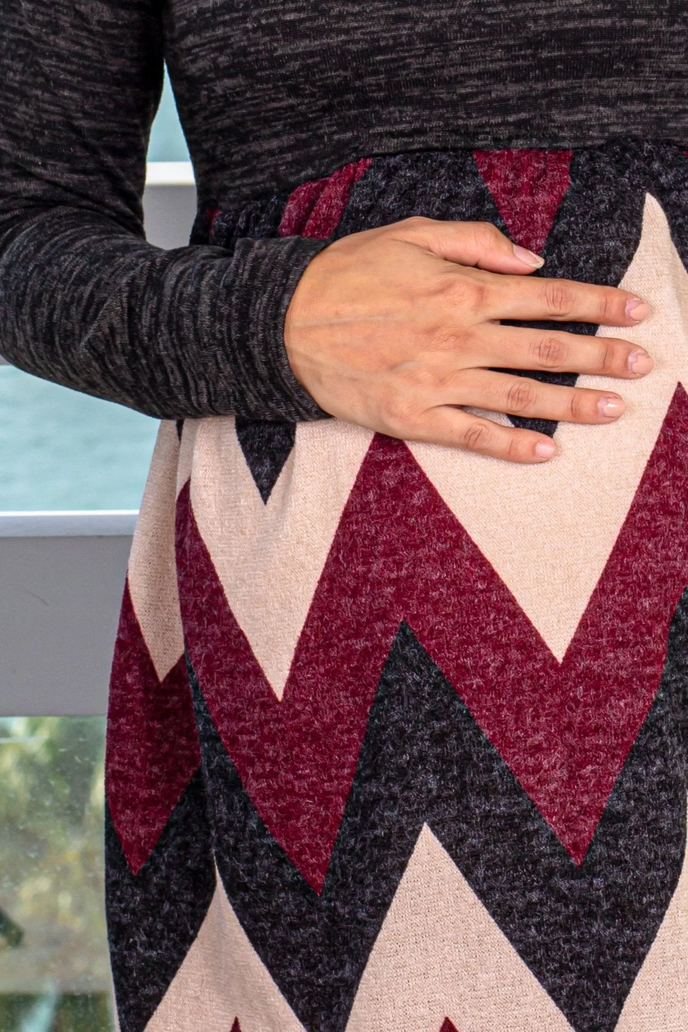 Black and Burgundy Long Sleeve Short Dress