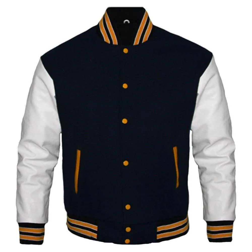 Black and White Classic Varsity Jacket with Customizable Logos