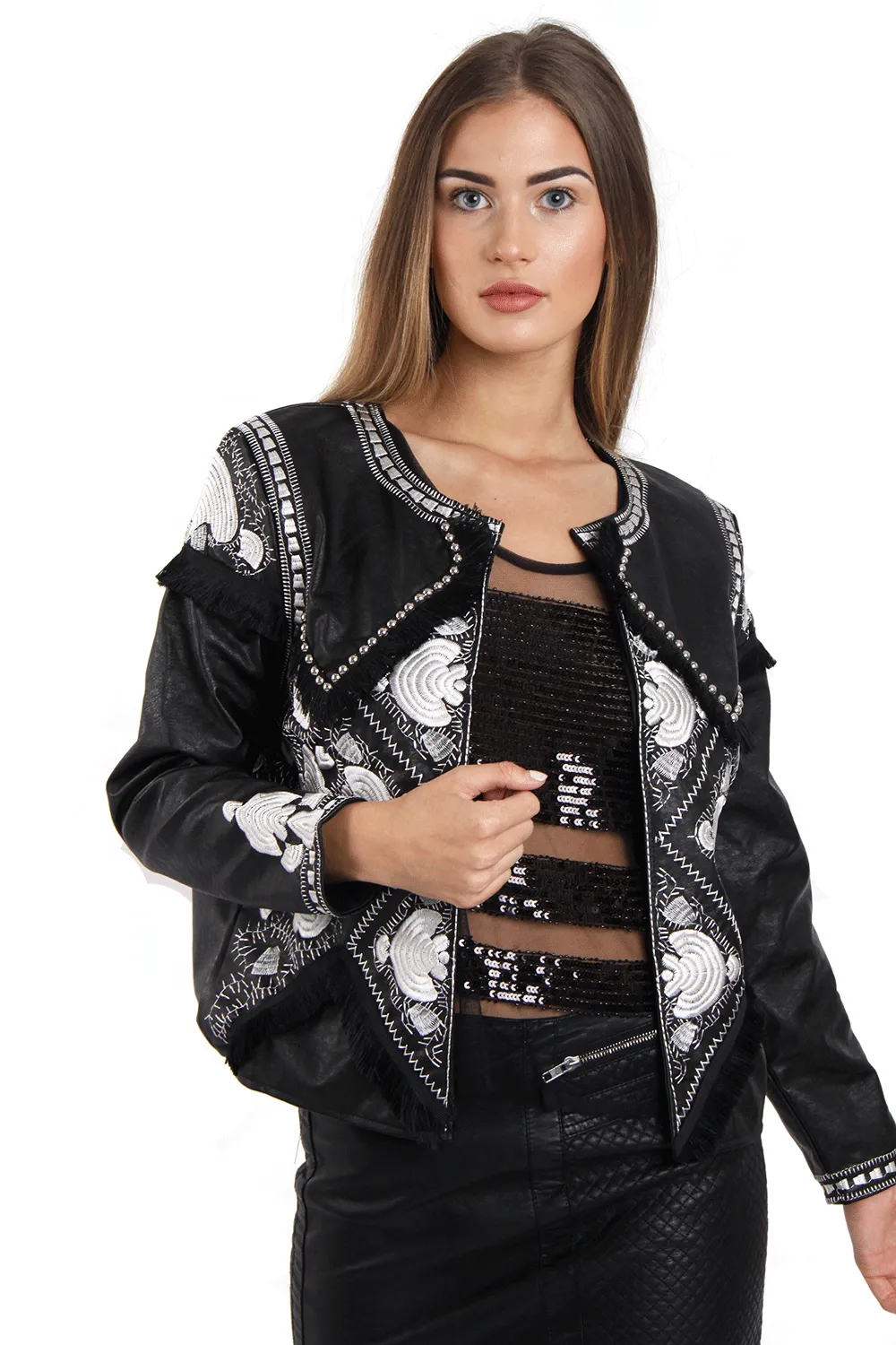 Black and White Embellished Faux Leather Jacket