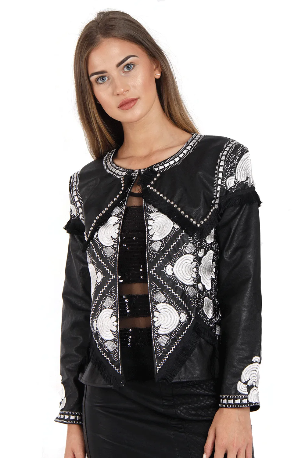 Black and White Embellished Faux Leather Jacket