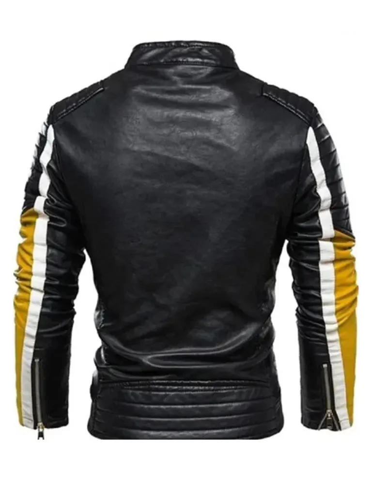 Black and Yellow Biker Camber Leather Jacket