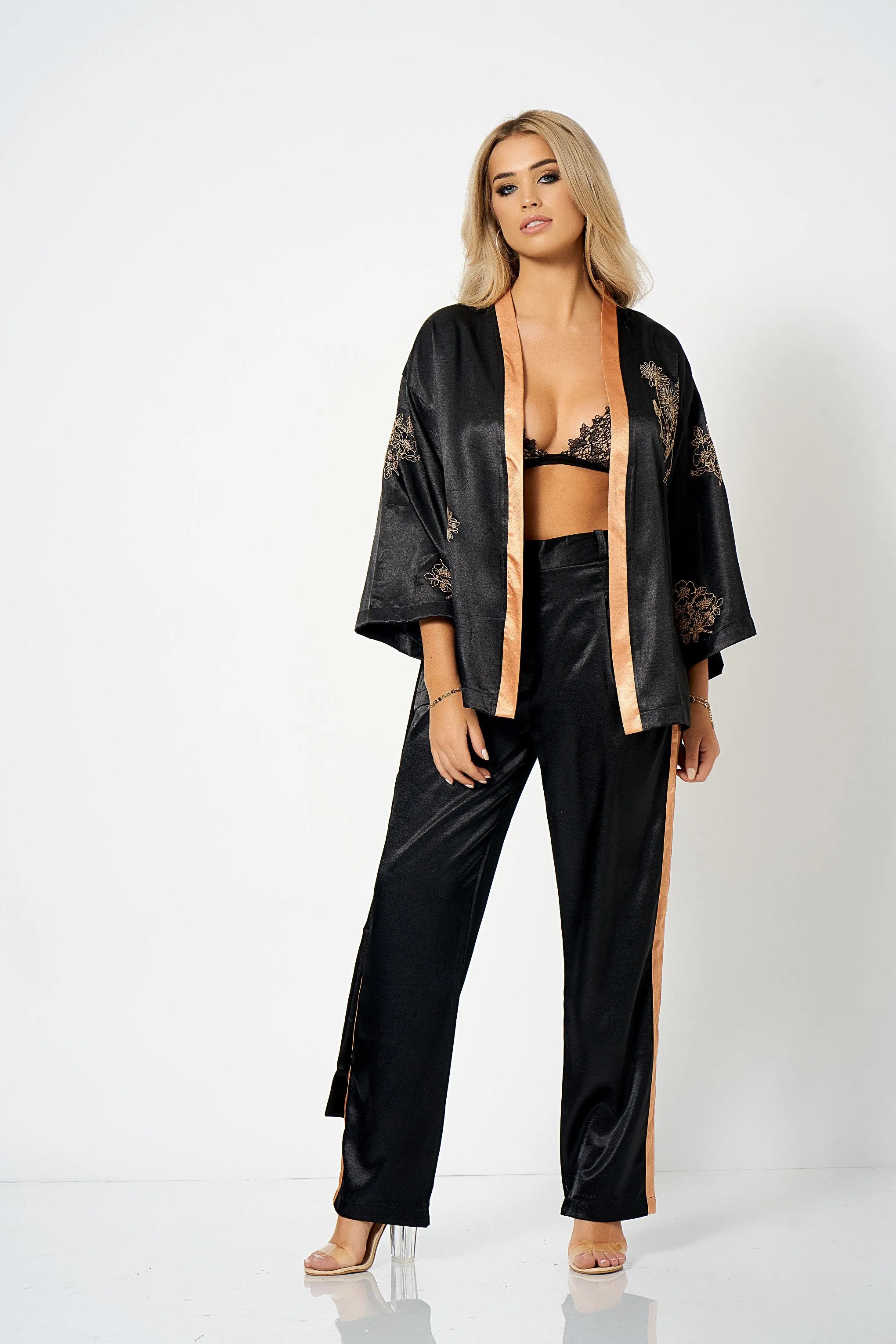 Black Embroidered Co-ord Kimono Jacket