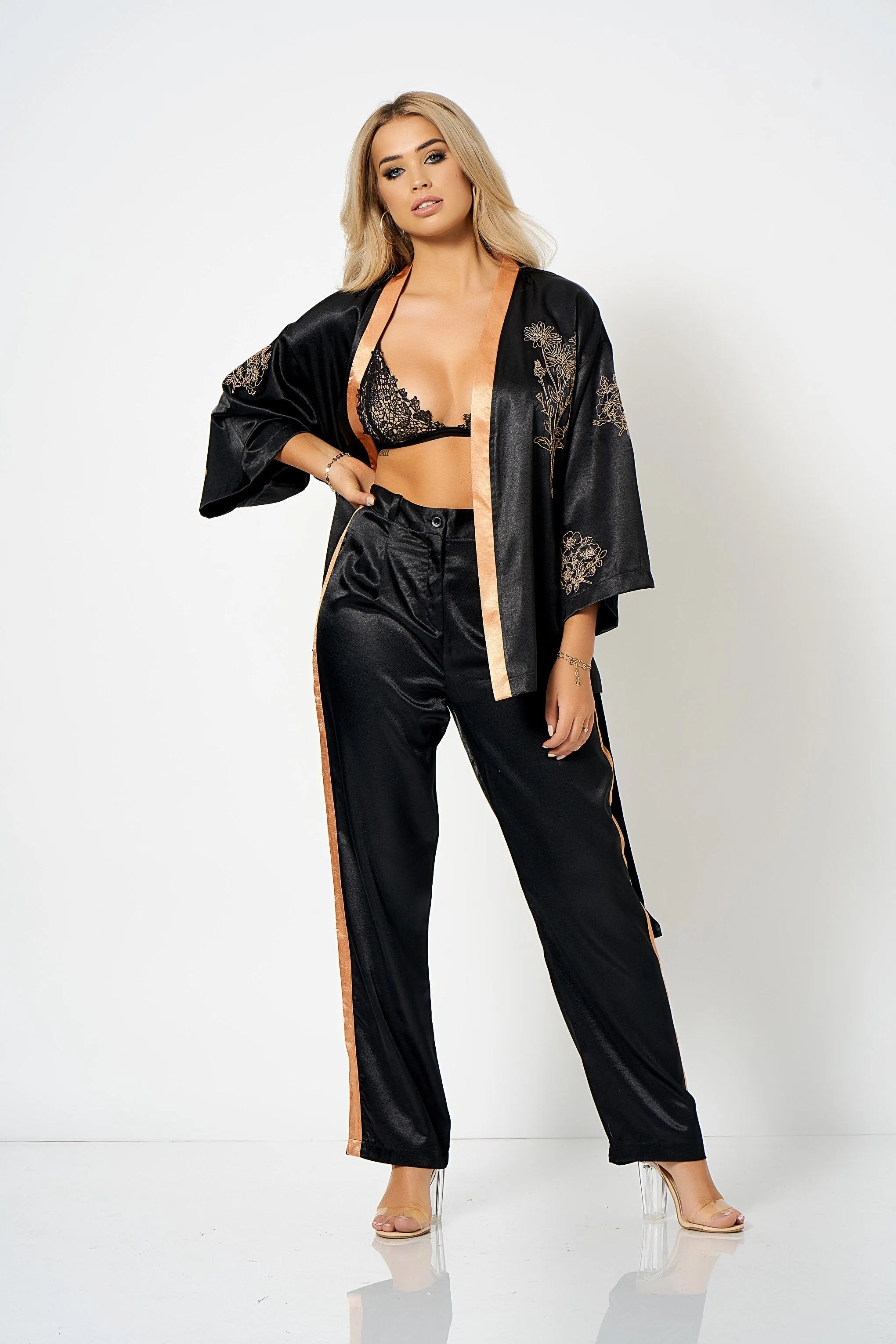 Black Embroidered Co-ord Kimono Jacket