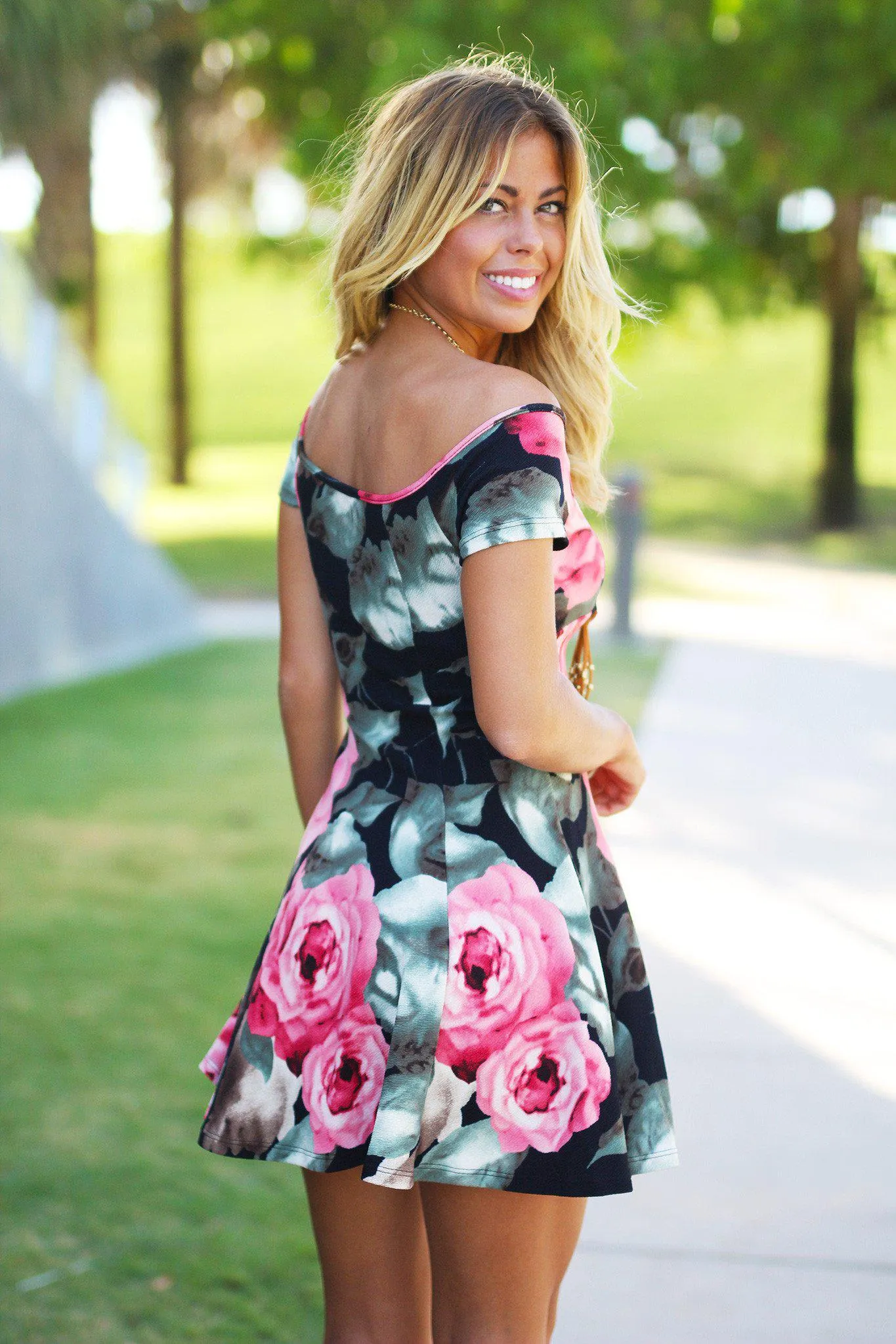 Black Floral Skater Dress