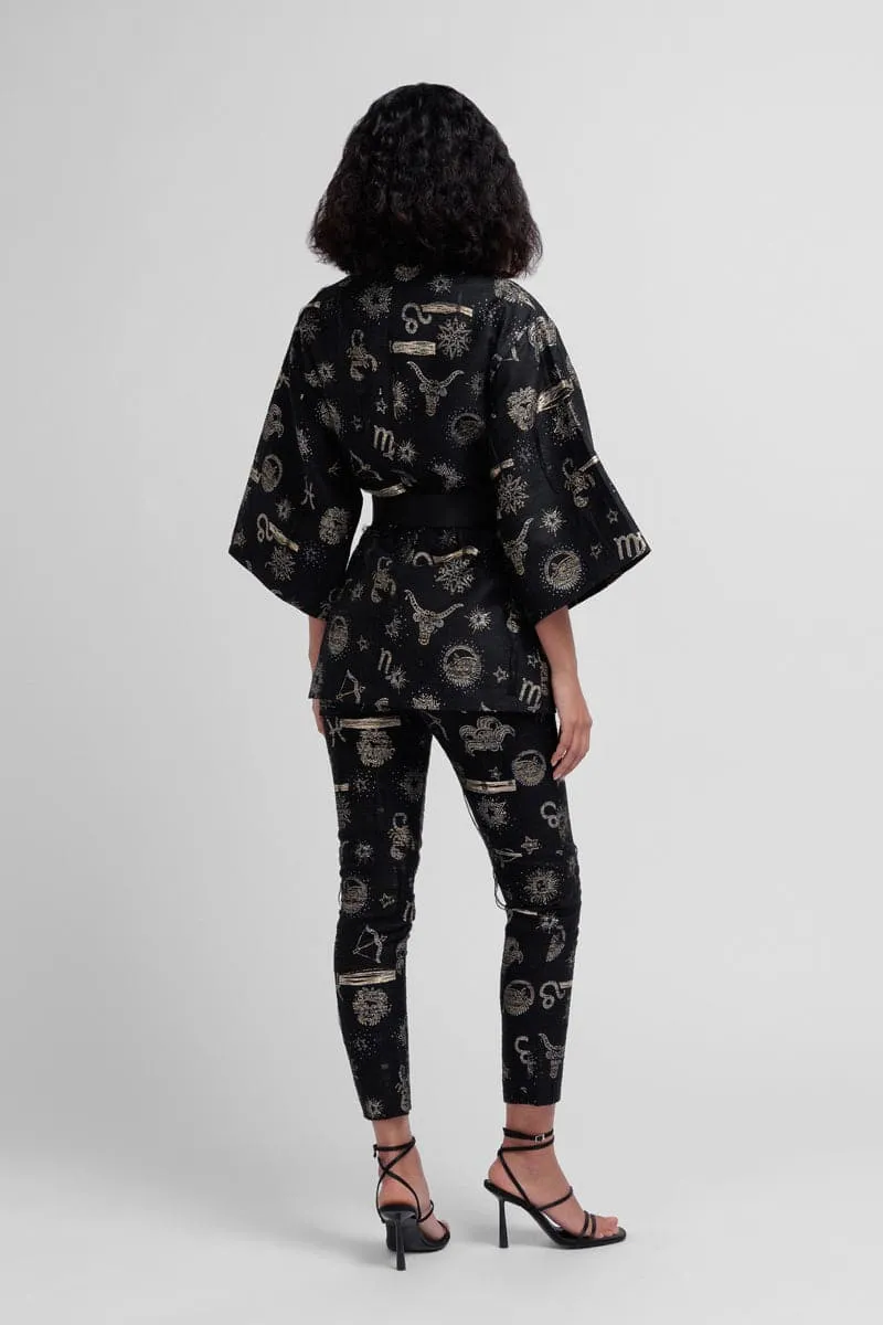 BLACK HANDMADE JACQUARD ZODIAC KIMONO