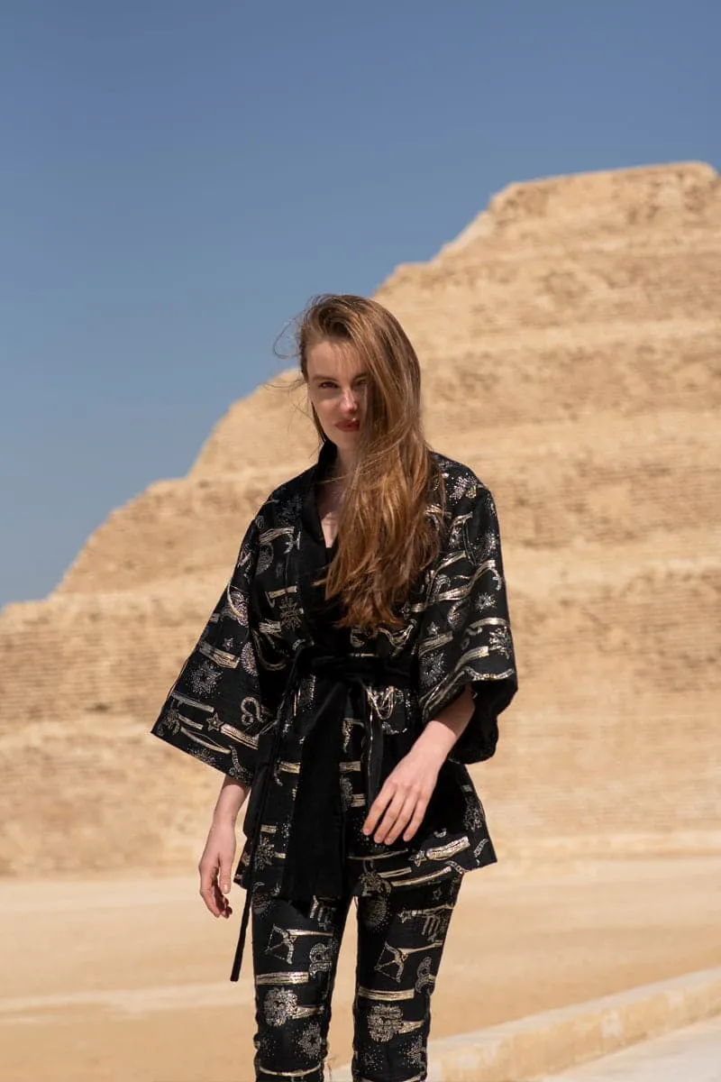 BLACK HANDMADE JACQUARD ZODIAC KIMONO