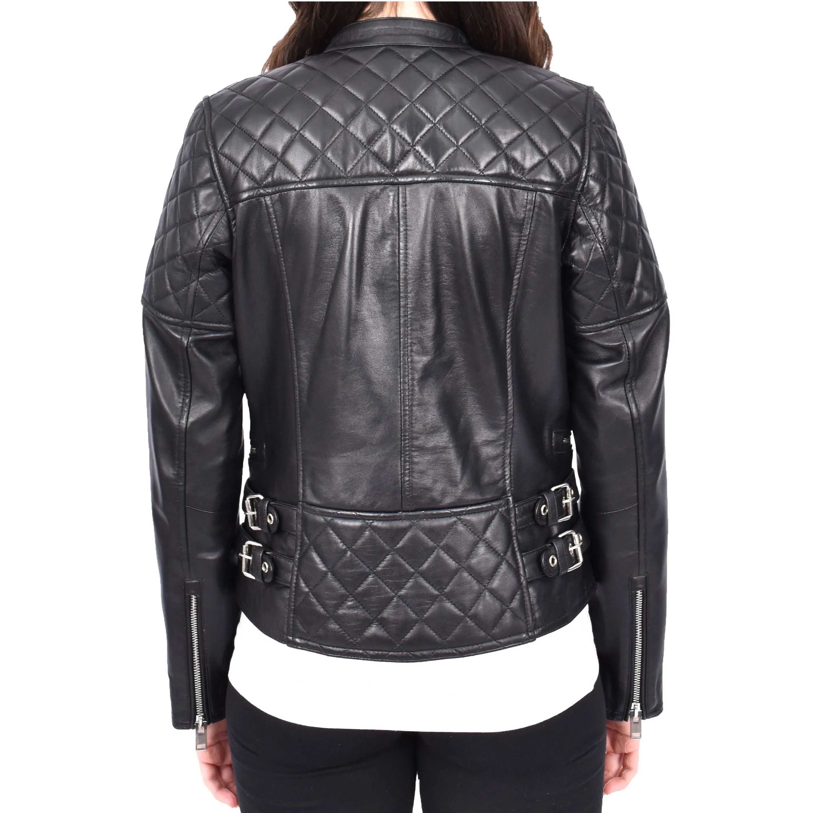 Black Leather Biker Jacket for Women Asymmetrical Zip Diamond Quilted Trendy Style Lila