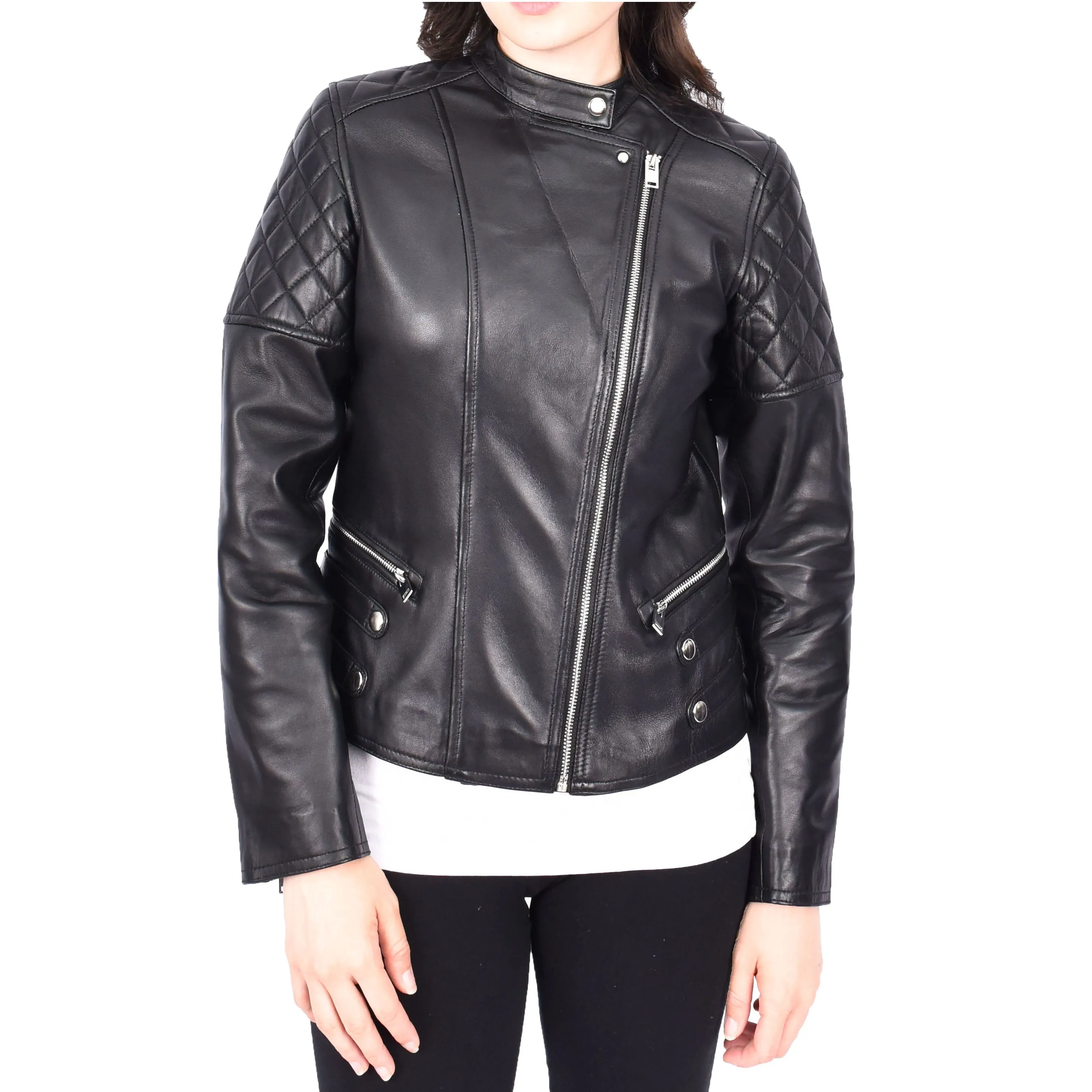 Black Leather Biker Jacket for Women Asymmetrical Zip Diamond Quilted Trendy Style Lila