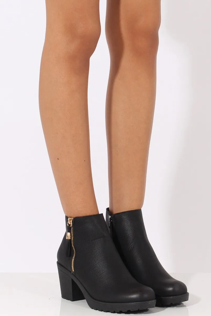 Black PU Zip Detail Ankle Heeled Boots - Casey