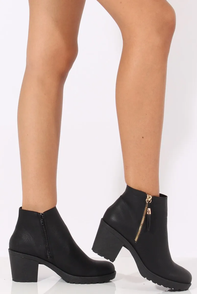 Black PU Zip Detail Ankle Heeled Boots - Casey