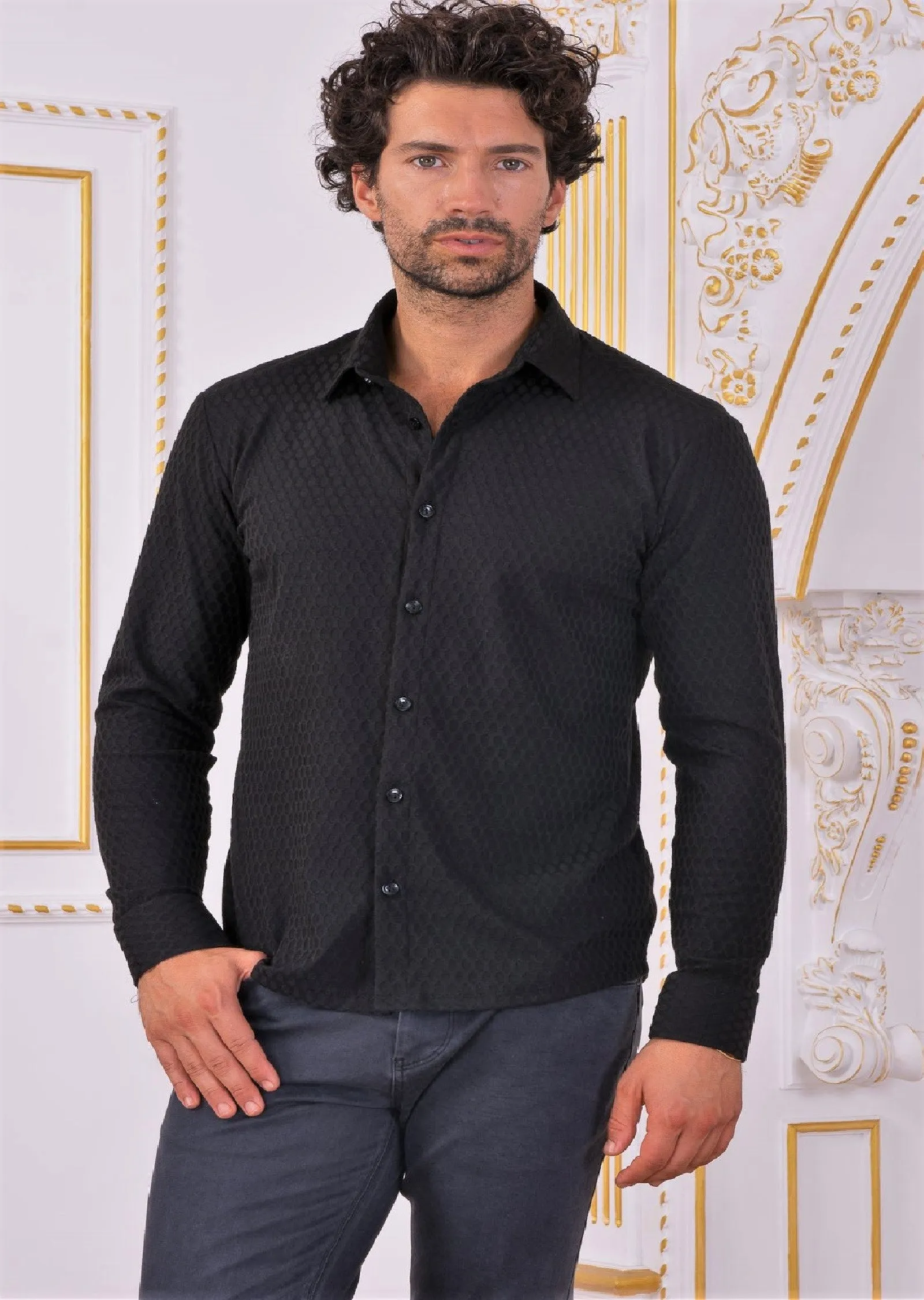 Black Quilted Weaved Knit Shirt