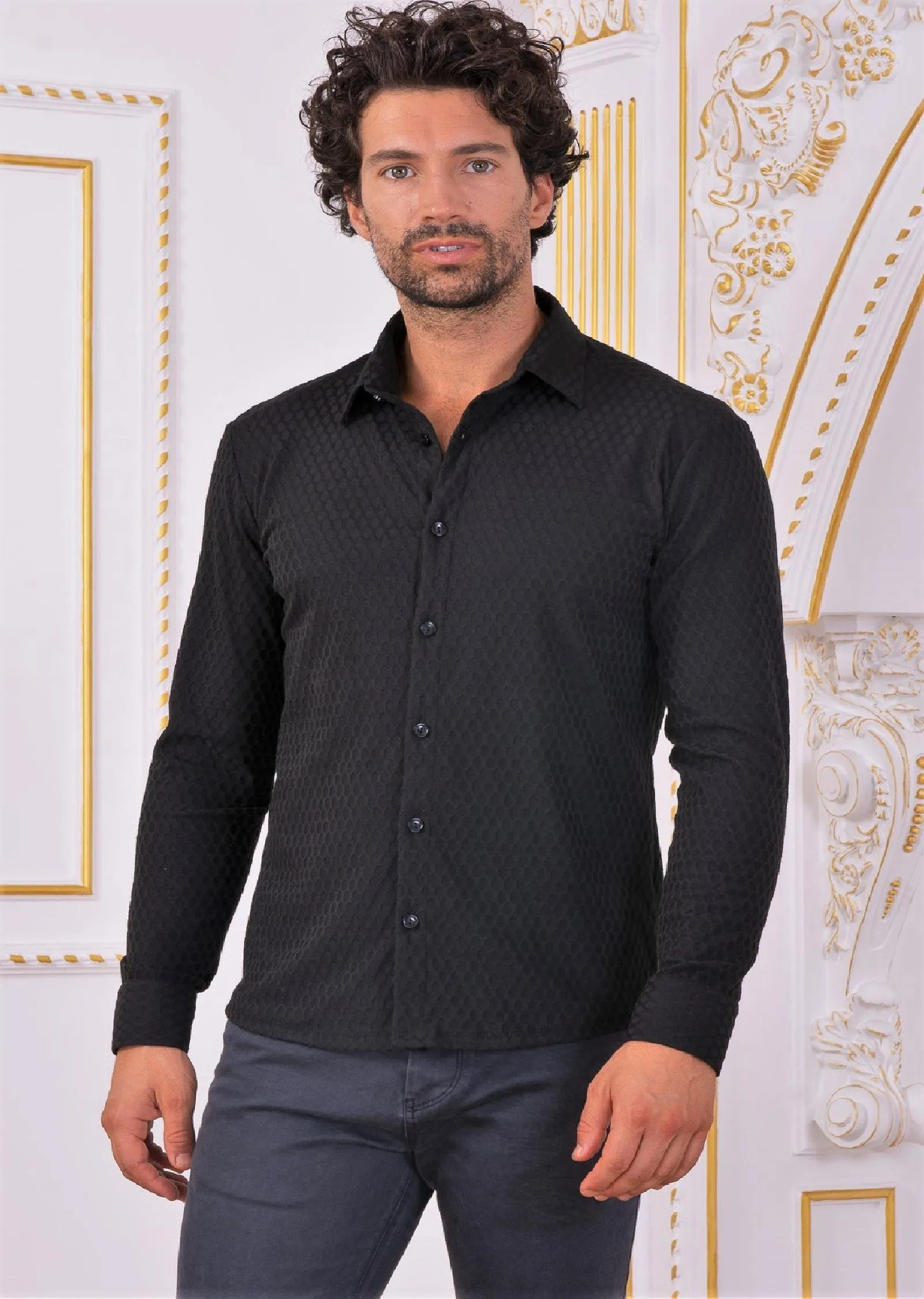 Black Quilted Weaved Knit Shirt