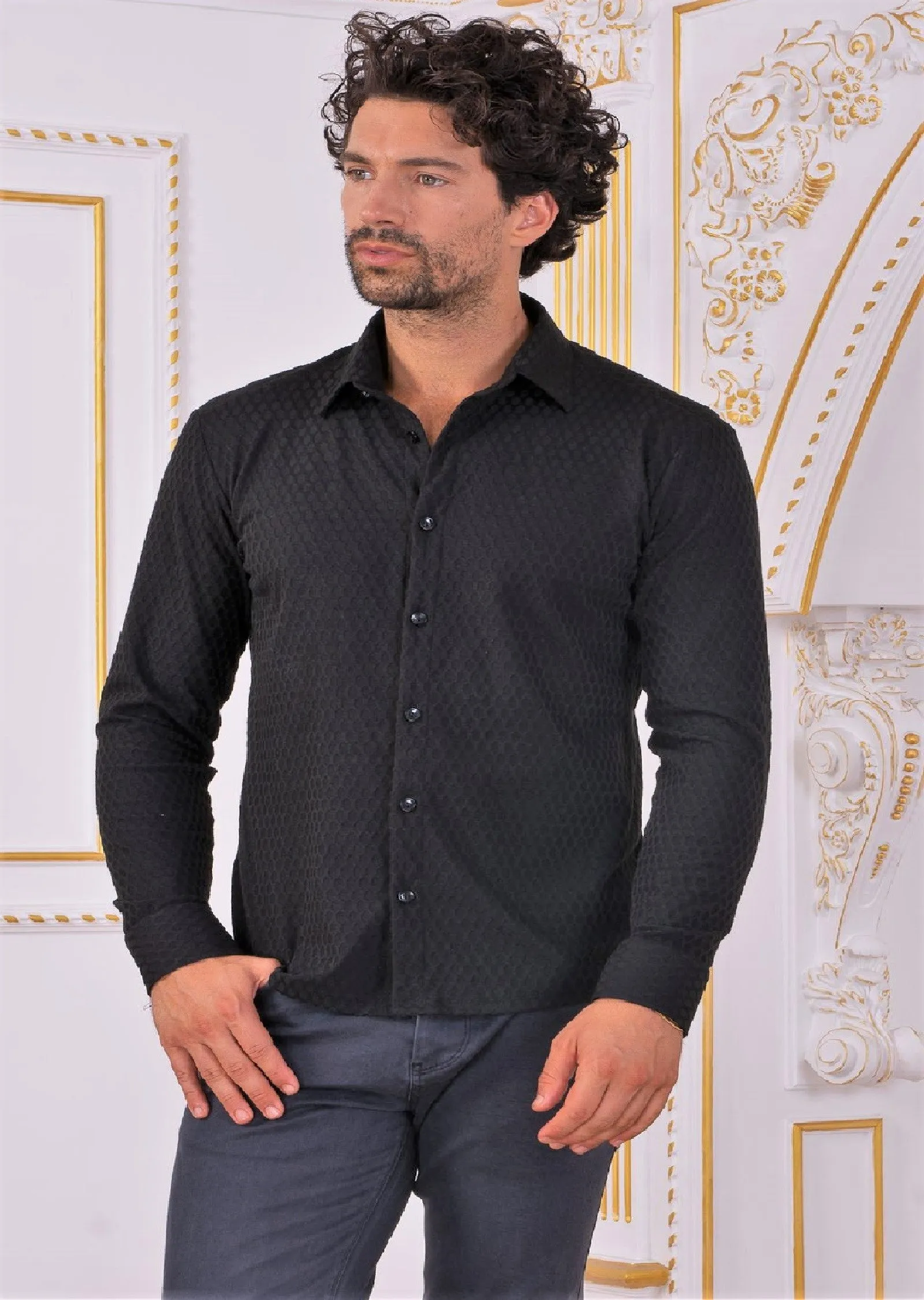 Black Quilted Weaved Knit Shirt