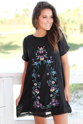 Black Short Dress with Floral Embroidery