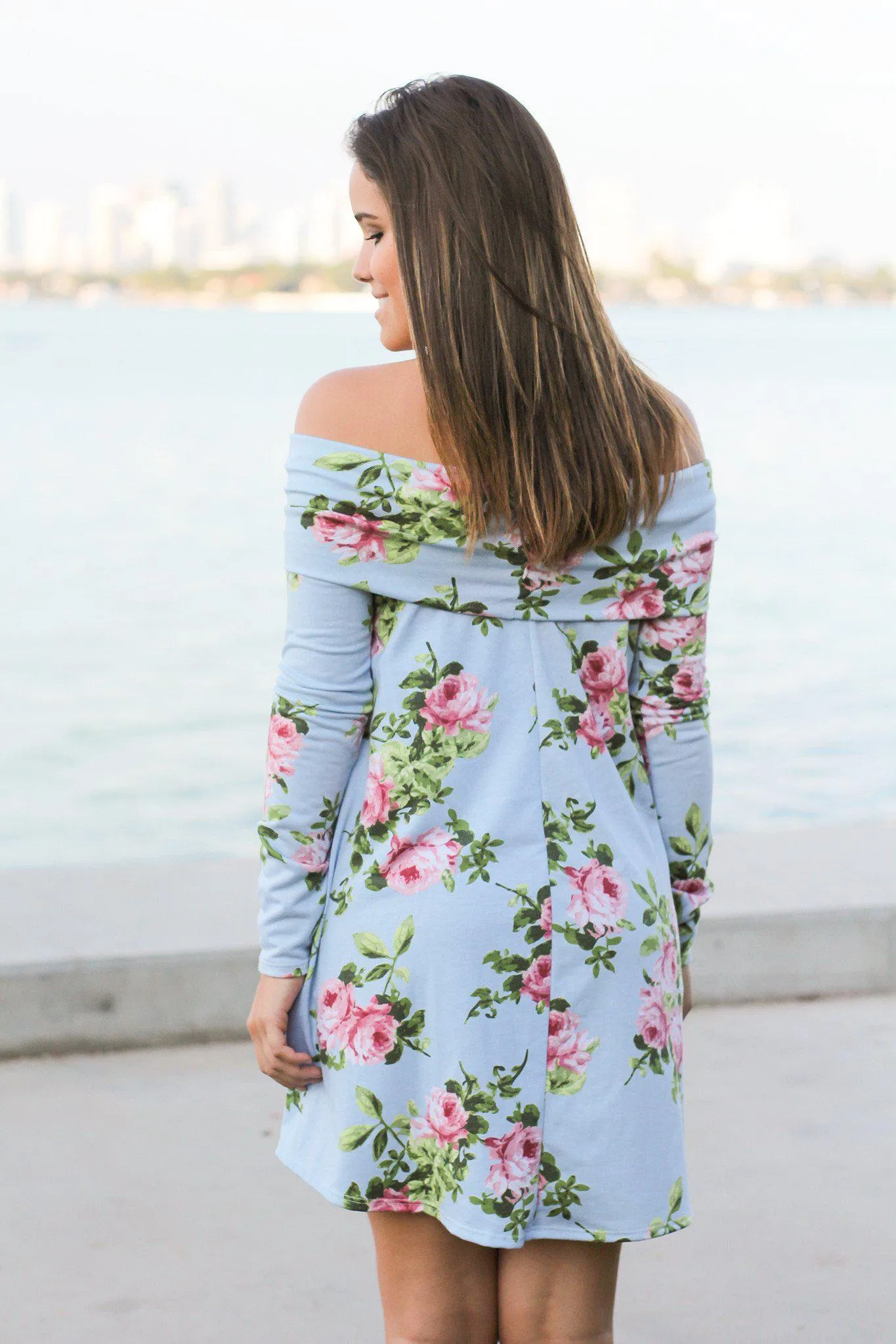 Blue Floral Off Shoulder Short Dress