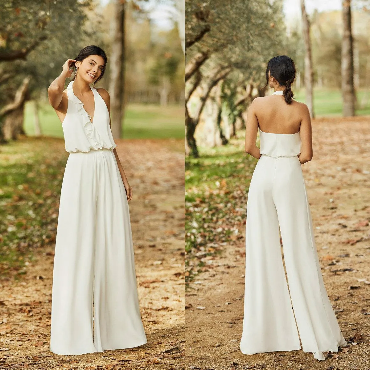 Bohemian Country Halter Wedding Dress Jumpsuit Sexy Backless Chiffon Robes De Mariée