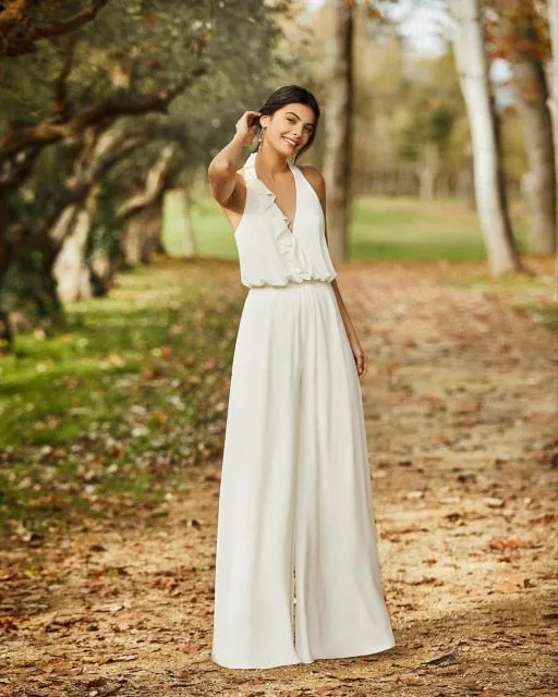 Bohemian Country Halter Wedding Dress Jumpsuit Sexy Backless Chiffon Robes De Mariée