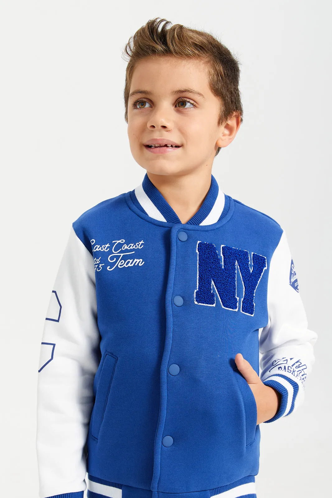 Boys Navy And White Bomber Front Open Sweatshirt