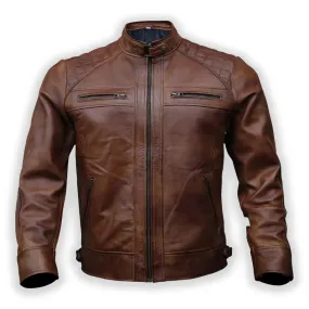 Brown Quilted Leather Racer Jacket