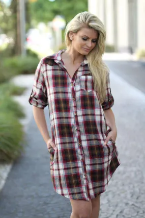 Burgundy Plaid Shirt Dress with Pockets