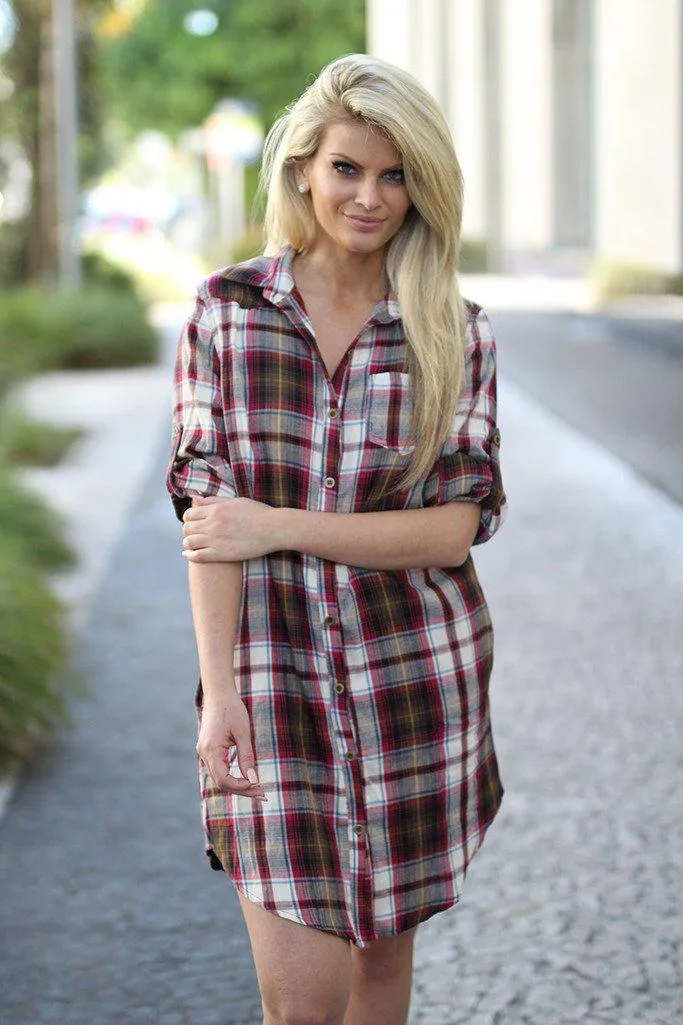 Burgundy Plaid Shirt Dress with Pockets