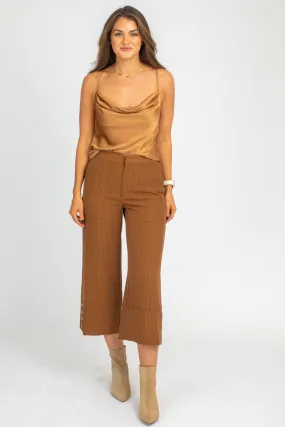 CAMEL PINSTRIPE WIDE LEG TROUSERS