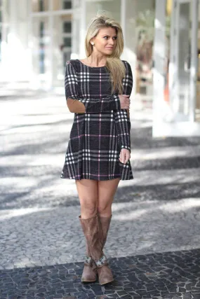 Charcoal Plaid Dress with Elbow Patches