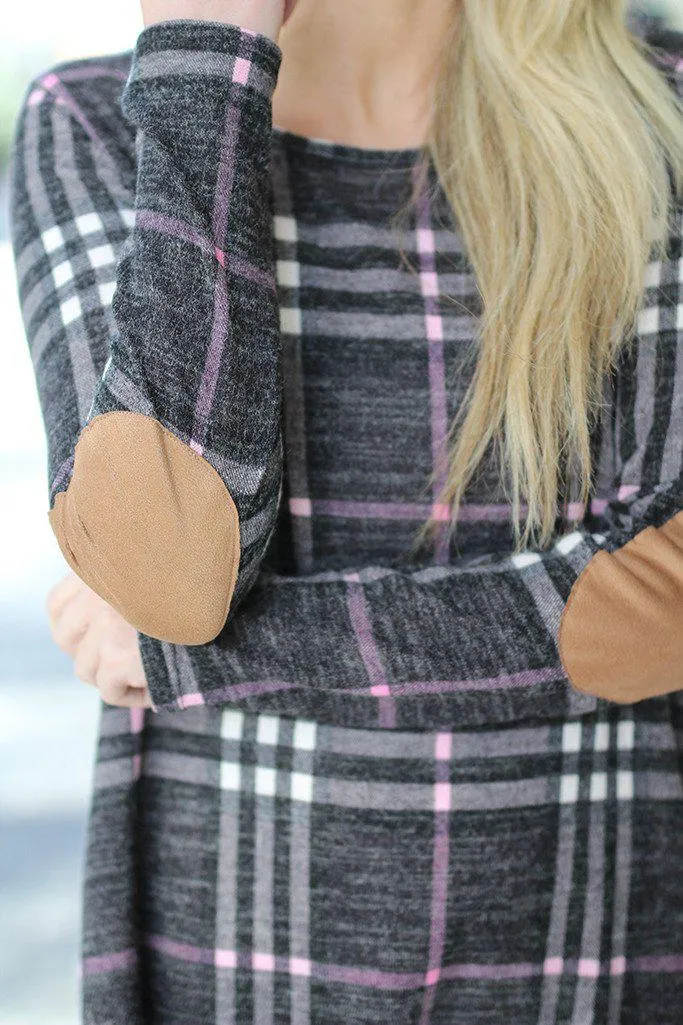 Charcoal Plaid Dress with Elbow Patches