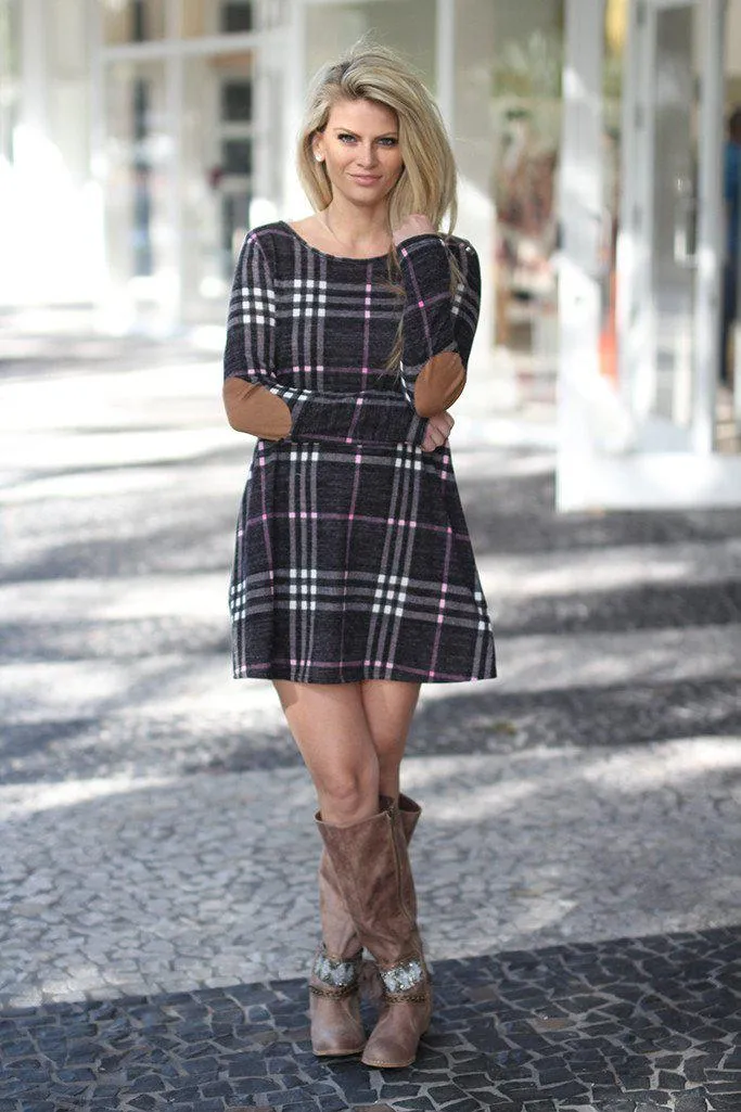 Charcoal Plaid Dress with Elbow Patches