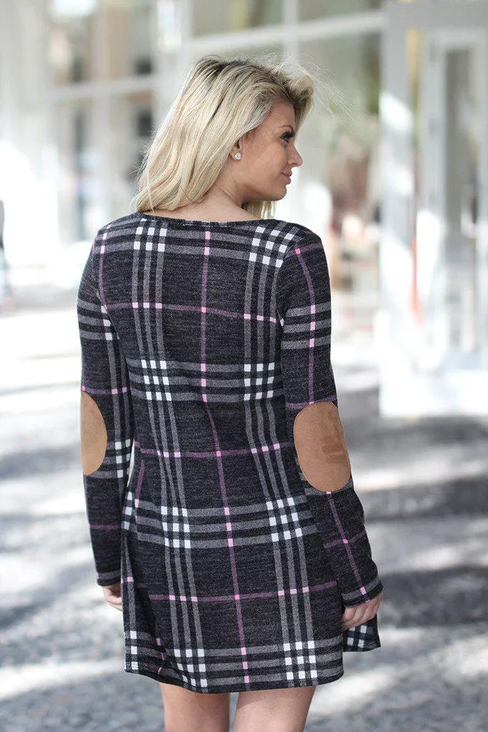 Charcoal Plaid Dress with Elbow Patches