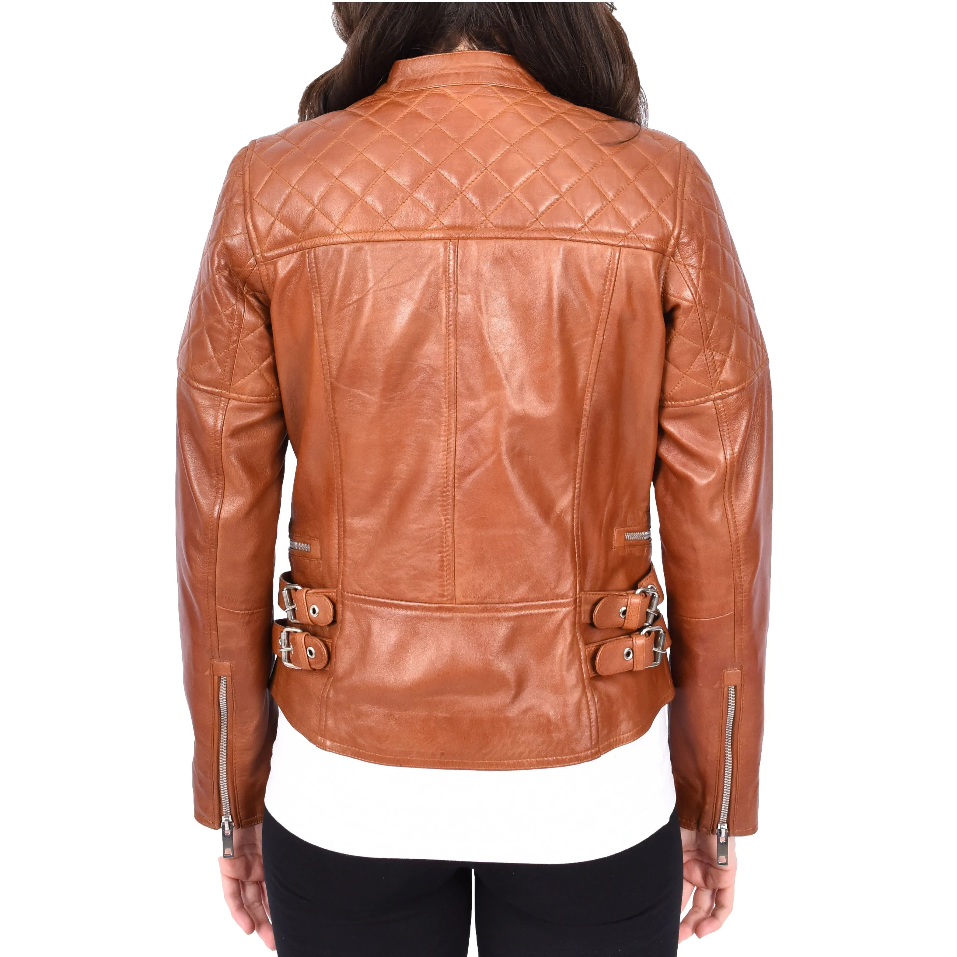 Chestnut Leather Biker Jacket for Women Asymmetrical Zip Diamond Quilted Trendy Style Lila