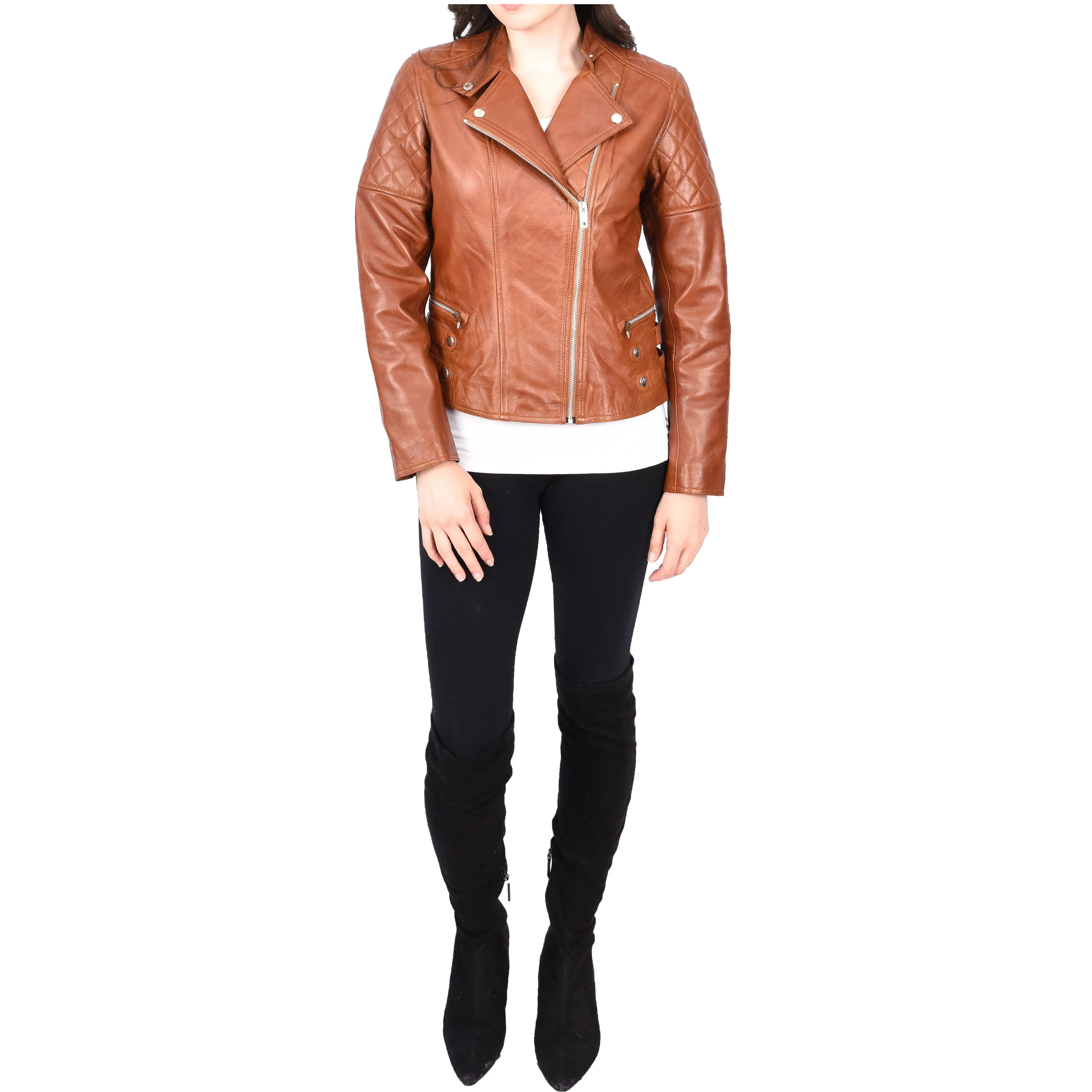 Chestnut Leather Biker Jacket for Women Asymmetrical Zip Diamond Quilted Trendy Style Lila